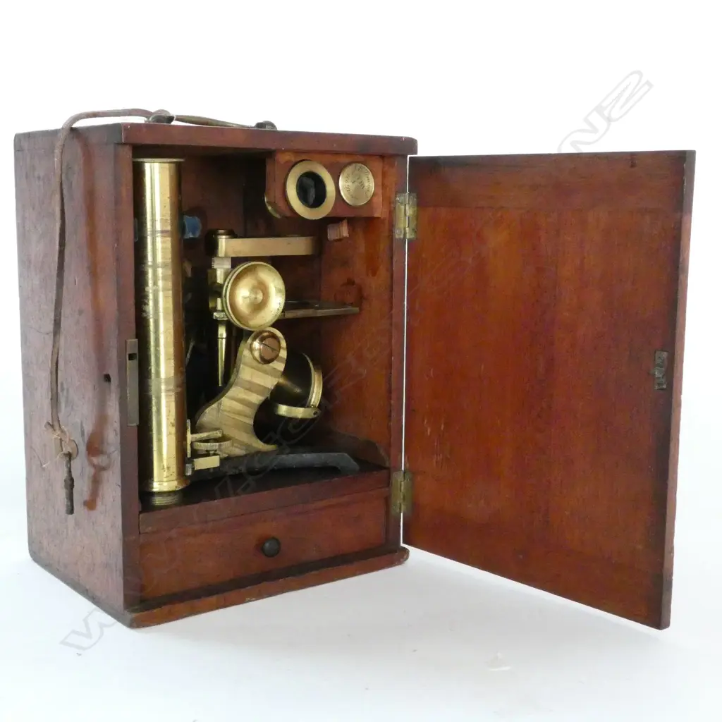 J. H. STEWARD 406 & 66 STRAND & 54 CORNHILL, LONDON No.701 BRASS MONOCULAR MICROSCOPE w SLIDES & BULLSEYE IN MAHOG BOX Image 1++